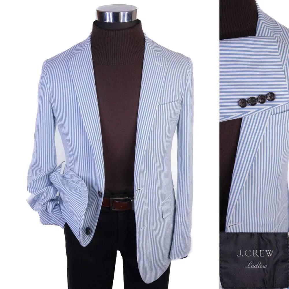 J.Crew Ludlow Slim Fit Blazer 36R Blue Cotton Striped Unstructured Sport Coat